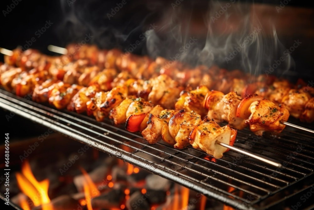 chicken skewers on a grill rack with smoke rising