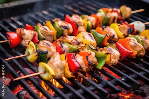 close-up of chicken skewers with various vegetables on a barbecue