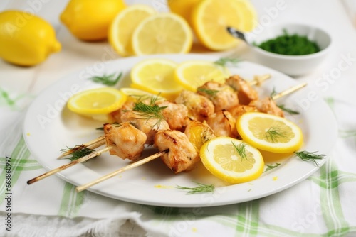 chicken skewers with lemon wedges on a white table cloth