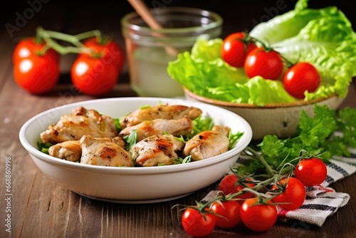 chicken skewers next to a bowl of cherry tomatoes and lettuce
