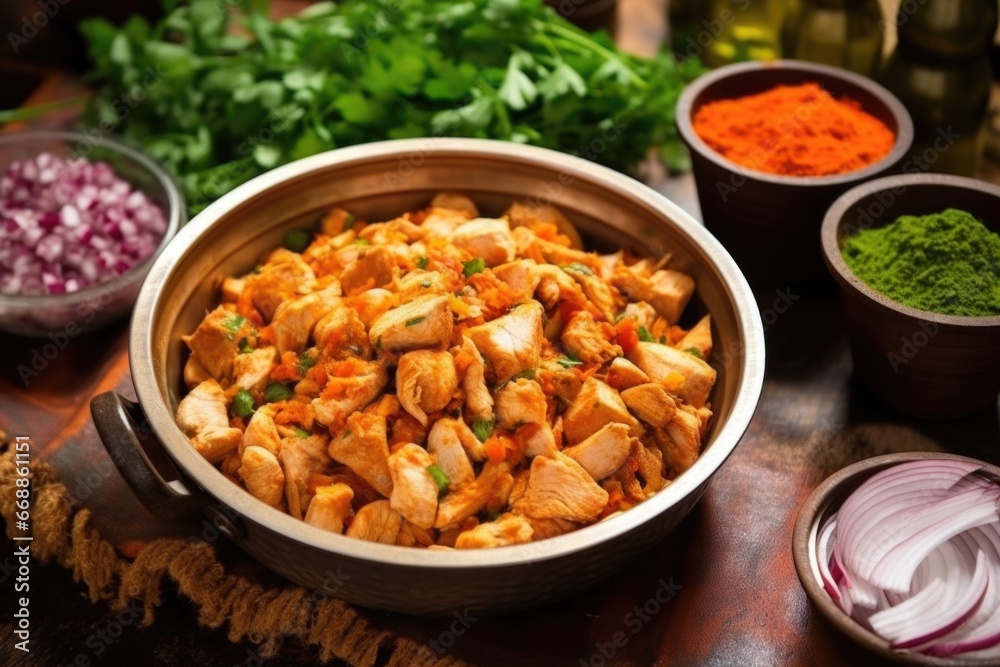 mixing diced chicken with tikka marinade mixing diced chicken with tikka marinade