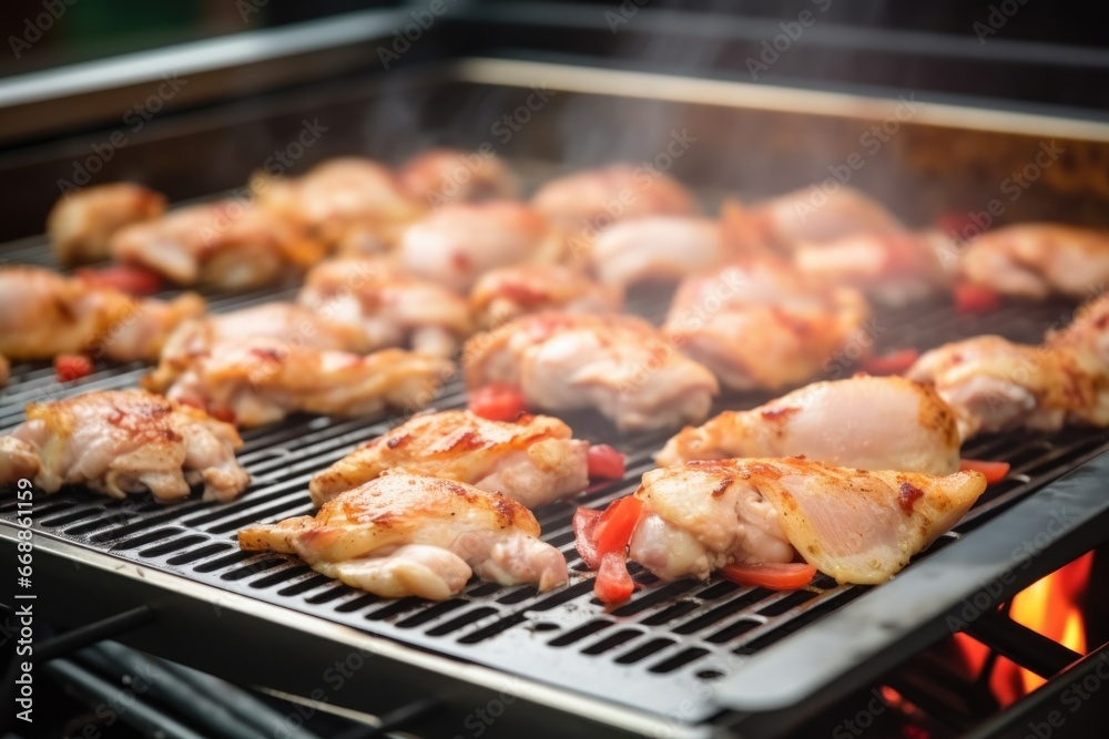chicken pieces on a griddle, being turned using silver tongs