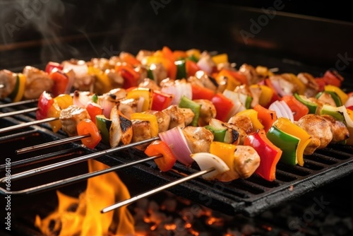 closeup of chicken kabobs being turned with tongs