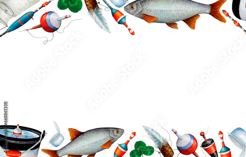 Watercolor drawing banner from various fishing bobblers, fish, buckets, clover leaves, fishing nets, fishing line, bait cans with white background in the middle. Angling gear for wallpapers, logo