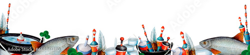 Watercolor drawing banner from various fishing bobblers, fish, buckets, clover leaves, fishing nets, fishing line, bait cans on white background. Angling gear for wallpapers, logo, banners, icon photo