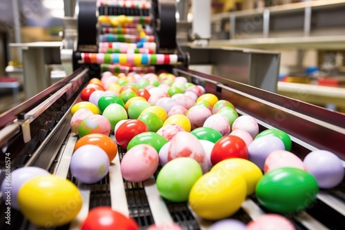 conveyor belt passing through an easter egg wrapping station