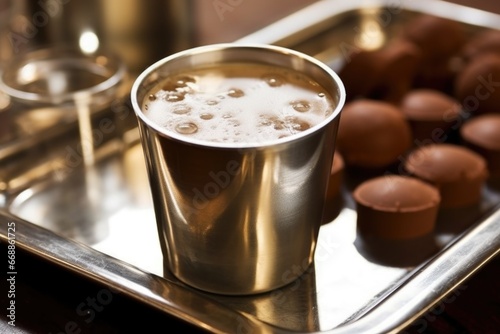 freshly brewed chocolate liqueur with a frothy top in a steel tub