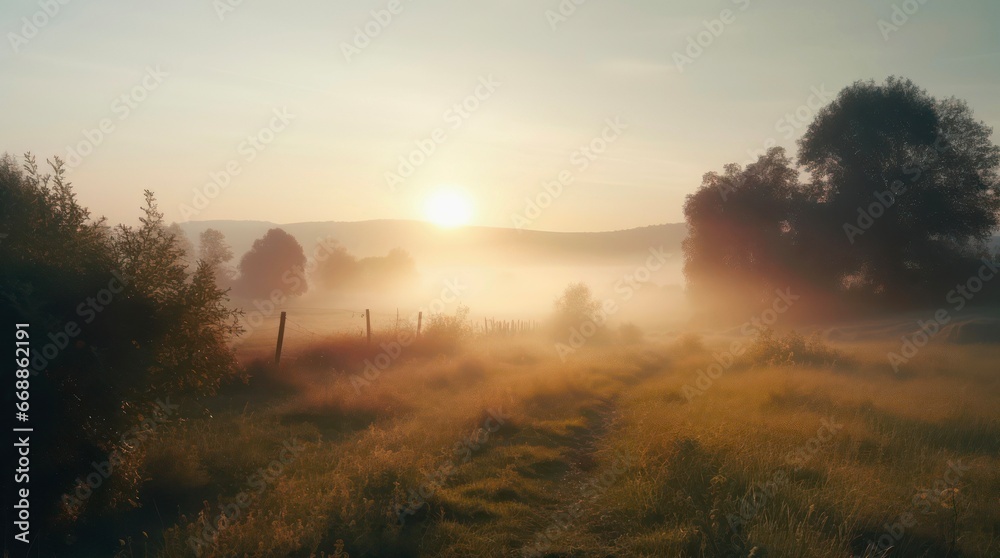 Peaceful landscape of a sunrise over the foggy meadow.