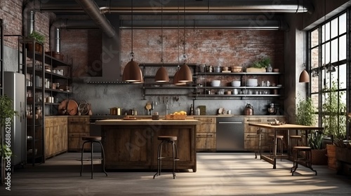 Kitchen in loft style. Wall mockup in loft, kitchen in industrial style ,3d render. Real estate concept.