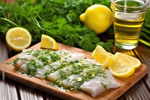 fresh herbs surrounding lemon glazed fish fillet