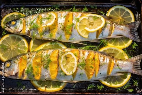 overhead shot of lemon marinated fish on a grill