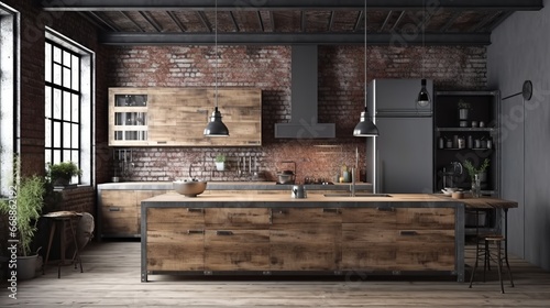 Kitchen in loft style. Wall mockup in loft, kitchen in industrial style ,3d render. Real estate concept. © IC Production