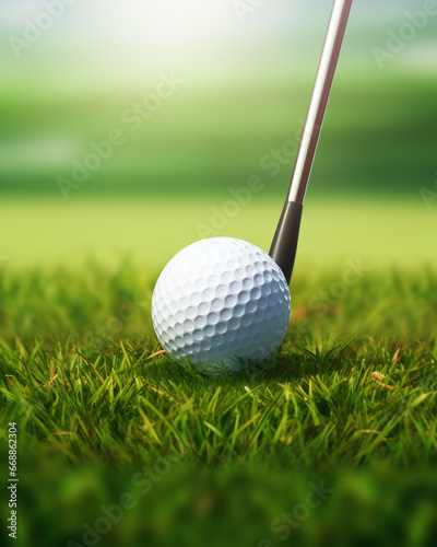 Close up golf club and ball on green grass lawn