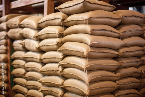 multiple coffee sacks stacked in a factory