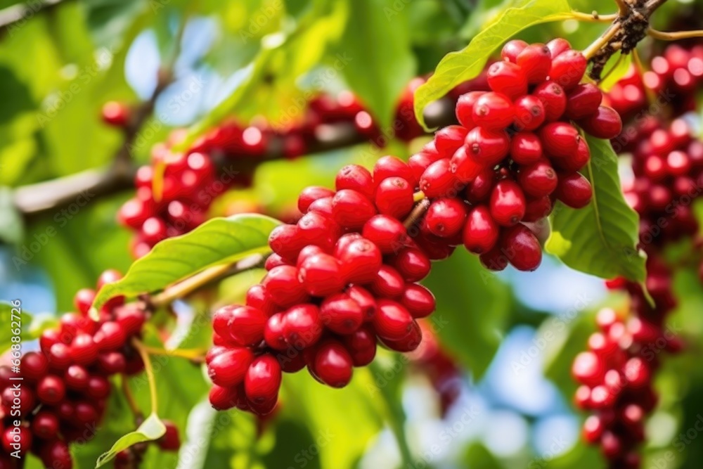 close-up of fresh ripe coffee cherries on a tree close-up of fresh ripe coffee cherries on a tree