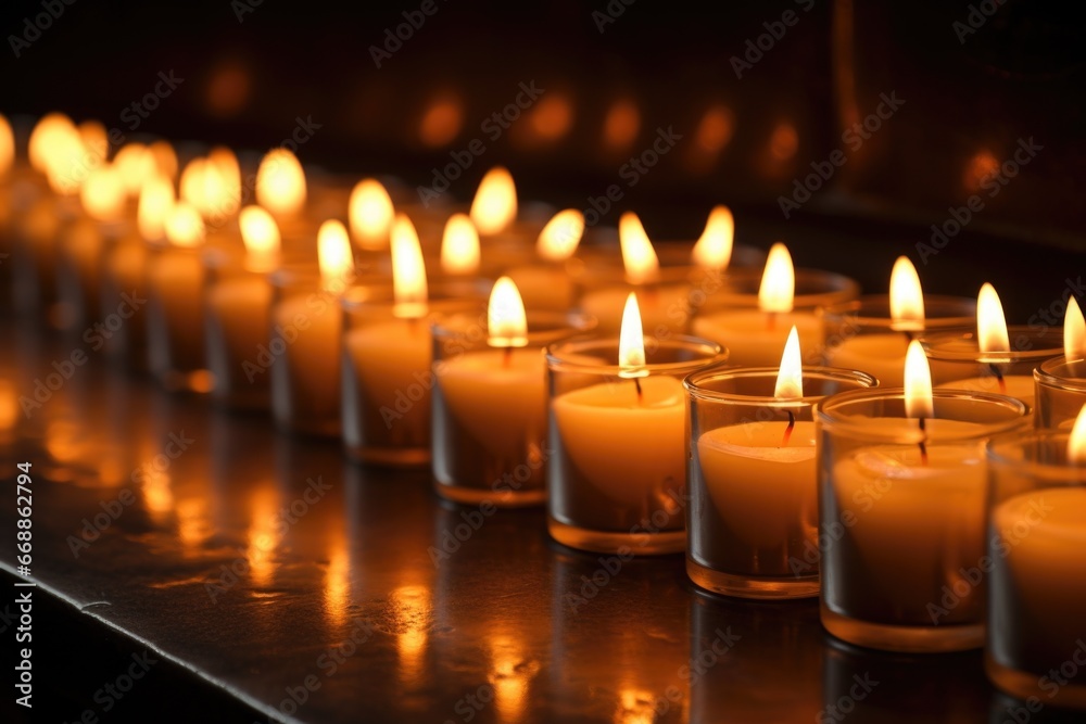 a row of lit candles for promoting peaceful ambiance a row of lit candles for promoting peaceful ambiance