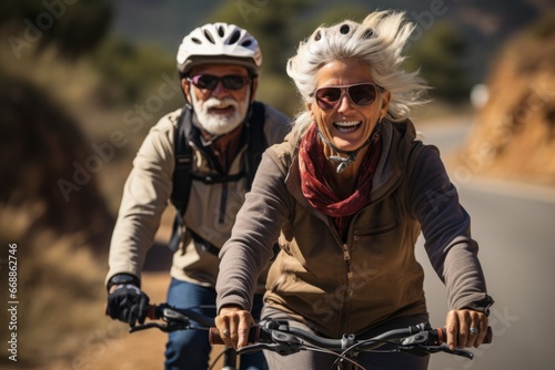 Happy adult laughing african american couple with big smiles riding bikes down the street