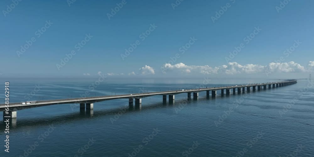 Aerial view of the great belt bridge (storebæltsbroen in danish) between the Danish islands Funen and Zealand.