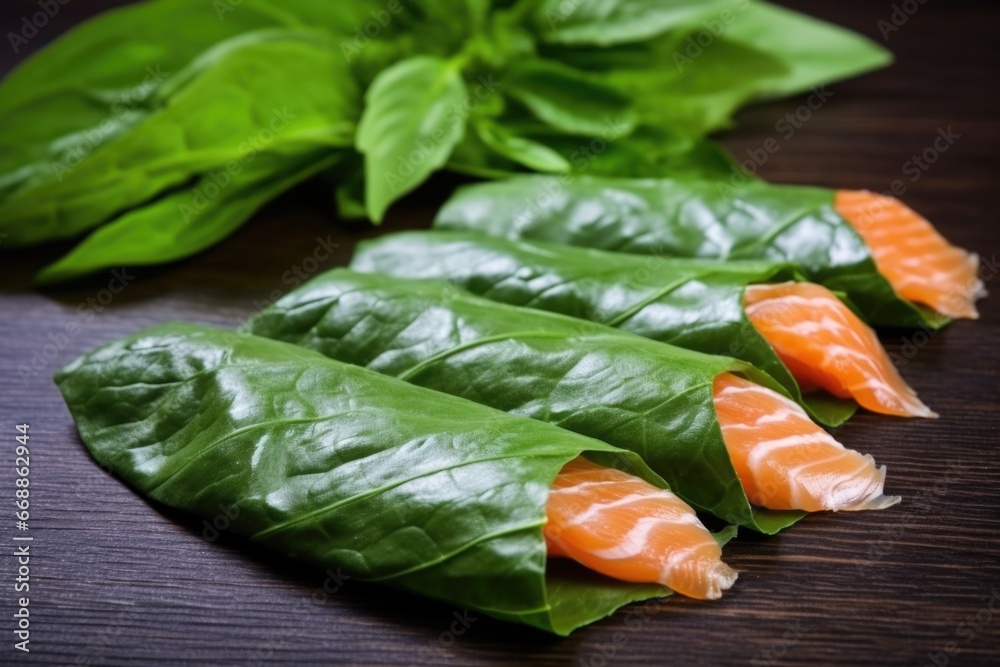 smoked salmon laid on garden fresh spinach leaves