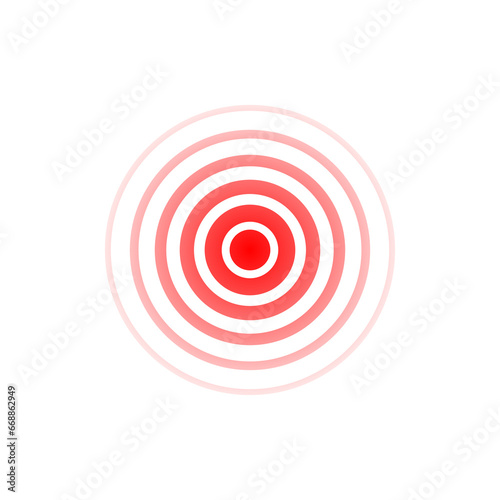 Circle wave. Sound icon. Red effect pulse isolated on white background. Signal radar. Pattern sonar. Vibration line design. Radial rays. Round ripple logo. Sonic waves. Vector illustration