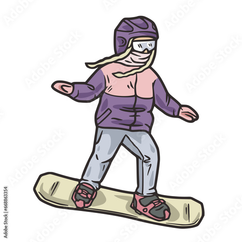 Snowboarder child on top of a snowy mountain. Snowboarding in winter mountains. Sporty snowboarding on a steep ski slope. Winter sport for ski resort