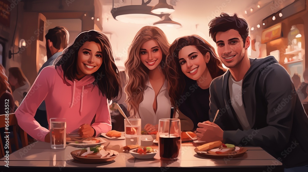 Diverse group of friends at a party. Fantasy concept , Illustration painting. Diverse group of friends at a party. Fantasy concept , Illustration painting.