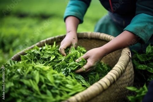 genuine tea leaves being picked in a lush, green tea plantation