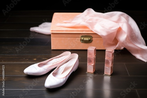 ballet pointe shoes next to a rosin box