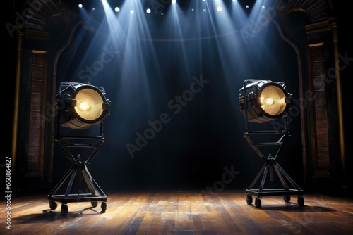 a pair of professional spotlight on a theatre stage