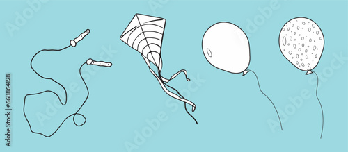 A balloon, a kite and a jump rope. Vector, eps