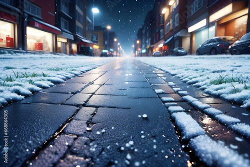 street at night partly snowed pov from the ground frontal frog view depth of field generative ai