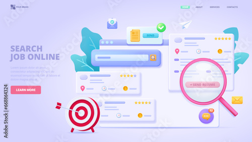 Recruitment service, search employees online, hiring process, human resource management. 3d design concept with characters for landing page. Three dimensional vector illustration for website, banner.