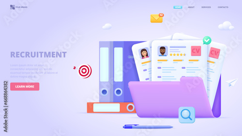 Recruitment, search employees online, hiring process, human resource management. 3d design concept for landing page. Three dimensional vector illustration for website, print, banner