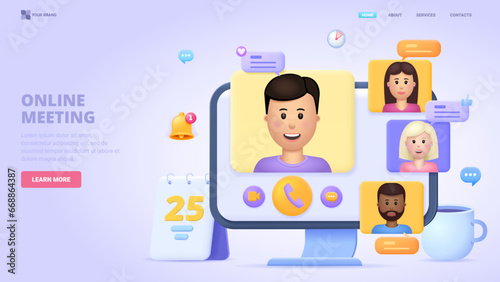Online meeting, video conference, online chat, video call. 3d design concept for landing page. Three dimensional vector illustration for website, print, banner