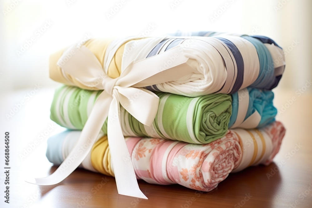 a stack of cloth baby diapers rolled and tied with ribbons