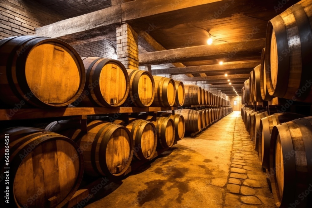 oak barrels aging whiskey in a well-lit distillery