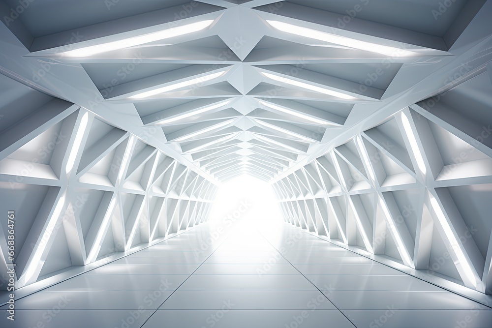 bright neon white polygonal shaped long tunnel with light at the end. bright neon white polygonal shaped long tunnel with light at the end.
