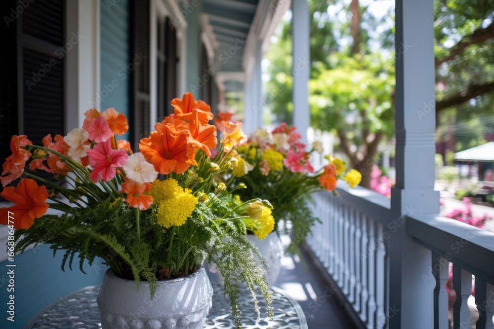 flower arrangements on a dutch colonial house porch