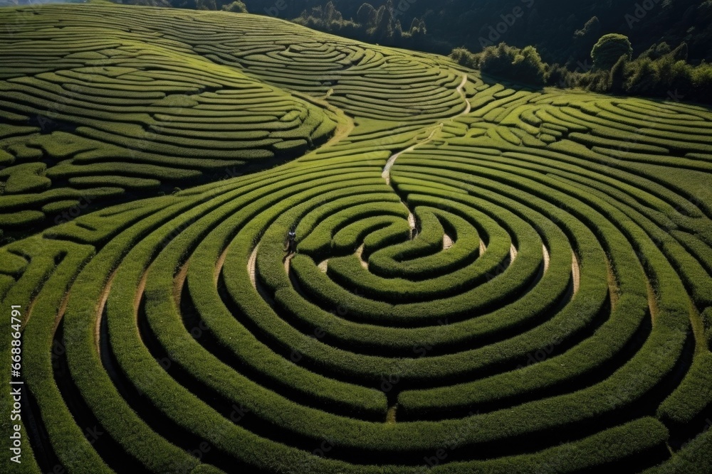 Tea field plantation labyrinth background. photo shot from a drone to fields with tea Tea field plantation labyrinth background. photo shot from a drone to fields with tea