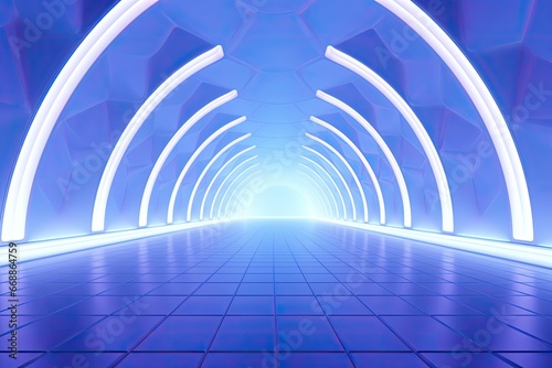 bright neon blue round shaped long tunnel with light at the end.