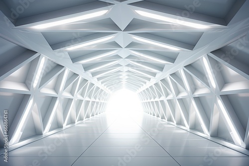 bright neon white polygonal shaped long tunnel with light at the end.