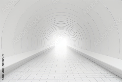 bright neon white round shaped long tunnel with light at the end.