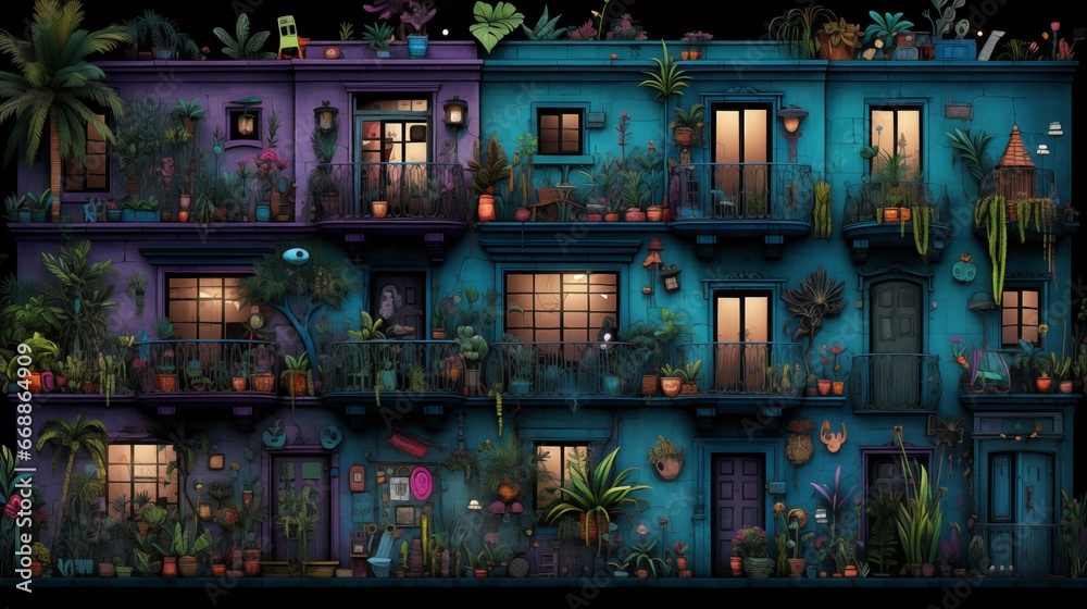 Purple and blue House with plants on balconies. Fantasy concept , Illustration painting.