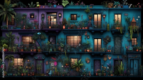 Purple and blue House with plants on balconies. Fantasy concept , Illustration painting.