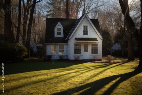 dutch colonial in the clearing, eave casting long shadows