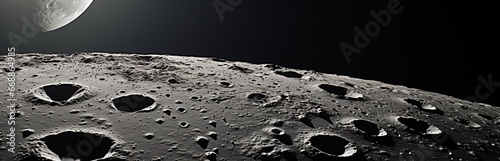 Landscape from the surface of the moon. Illustrative image from space of lunar craters, banner with place for text
