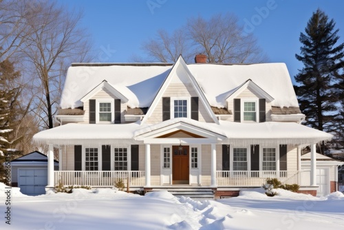 dutch colonial featuring flared eave, nestled in winter snow