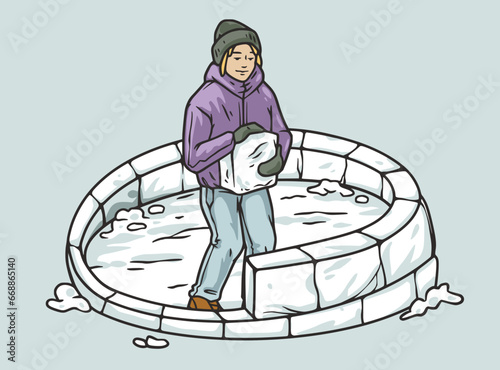 Person building an igloo in winter, engaging in a seasonal activity. Creative construction of an ice shelter, embracing the cold season