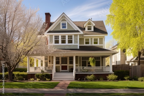 large dutch colonial house with a wraparound porch and a front-facing gable