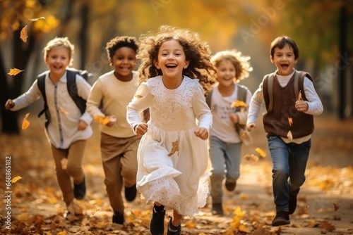 Children of different nationalities enjoy autumn, play, run, laugh and smile in an autumn park with yellow leaves